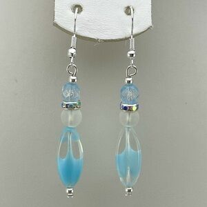 Artisan Blue Moon Glass Dainty Dangle Earrings Silver Tone Boho Cute Unique